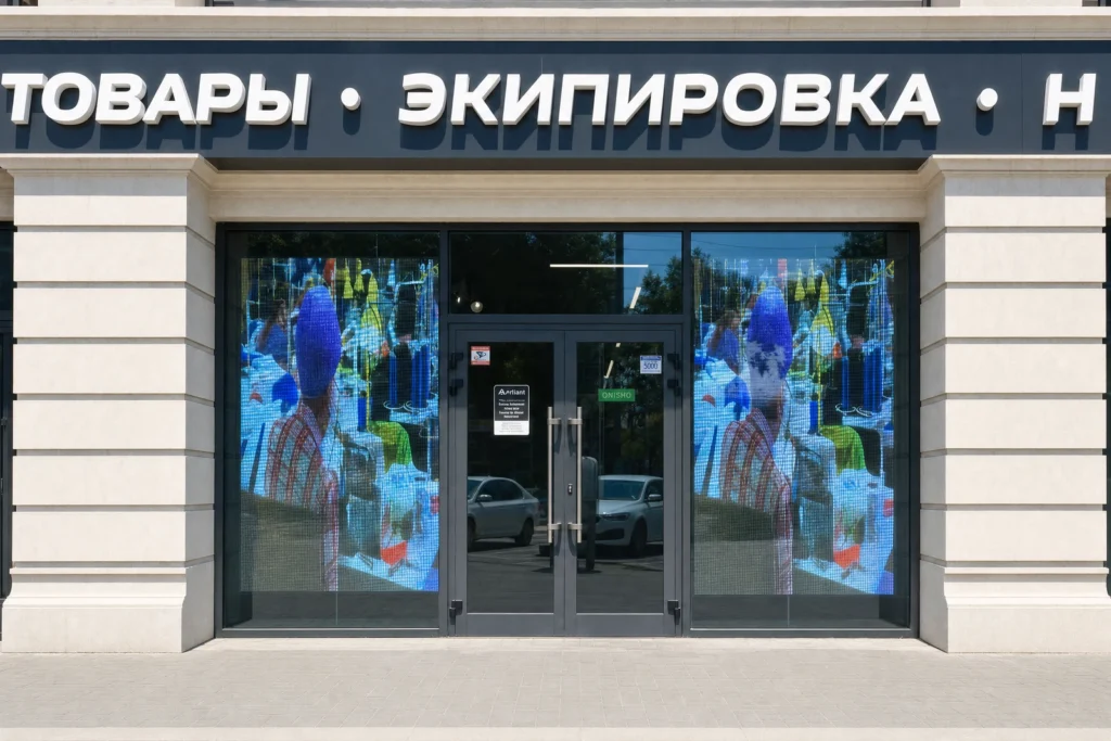 Прозрачный светодиодный экран на витрине магазина экипировки