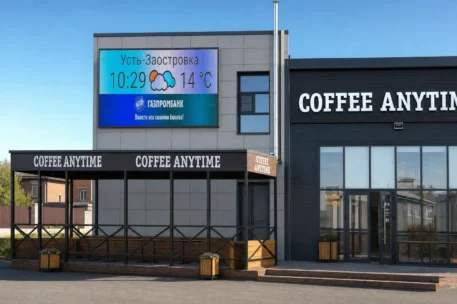 Уличный светодиодный экран на фасаде кофейни COFFEE ANYTIME